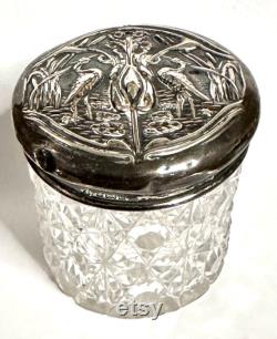 1904 William Aitkin Sterling and Cut Crystal Dresser Jar with Repousse Top with Herons and Cattails