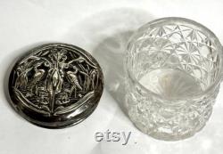 1904 William Aitkin Sterling and Cut Crystal Dresser Jar with Repousse Top with Herons and Cattails