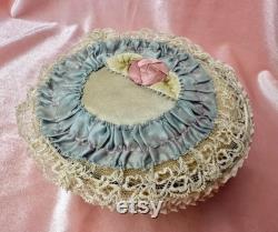 1910s Edwardian Art Deco Antique Boudoir Powder Puff Pale Blue French Art Deco Silk Ribbon 1920s