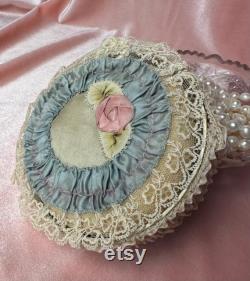 1910s Edwardian Art Deco Antique Boudoir Powder Puff Pale Blue French Art Deco Silk Ribbon 1920s