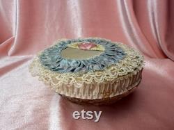 1910s Edwardian Art Deco Antique Boudoir Powder Puff Pale Blue French Art Deco Silk Ribbon 1920s