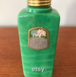 1920's Renaud Sweet Pea Talcum Powder Bottle, Antique 1924 1934, Green Slag Glass By Cristalleries De Nancy, Slide Closure, Made In France