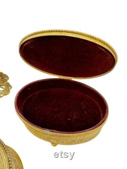 1920 s dresser vanity set, Apollo gold Ormolu, powder box, jewelry box, two perfumes with glass wands