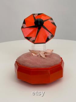 1920s Art Deco lucite powder bowl and puff