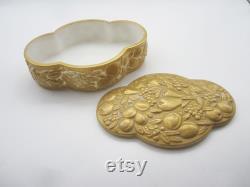 1920s Consolidated Five Fruits Gold on Milk Glass Vanity, Powder, Candy or Trinket Box