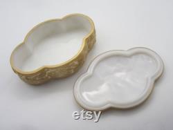 1920s Consolidated Five Fruits Gold on Milk Glass Vanity, Powder, Candy or Trinket Box