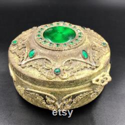 1920s E and JB Empire Art Gold Ormolu JEWELED Dresser Powder Box Trinket Box Vanity Jar, Antique Art Deco Jeweled Gold Metal Jewelry Box