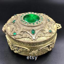 1920s E and JB Empire Art Gold Ormolu JEWELED Dresser Powder Box Trinket Box Vanity Jar, Antique Art Deco Jeweled Gold Metal Jewelry Box
