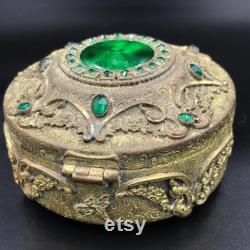 1920s E and JB Empire Art Gold Ormolu JEWELED Dresser Powder Box Trinket Box Vanity Jar, Antique Art Deco Jeweled Gold Metal Jewelry Box