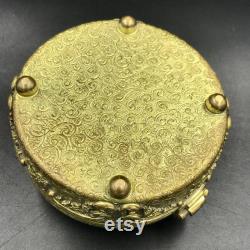 1920s E and JB Empire Art Gold Ormolu JEWELED Dresser Powder Box Trinket Box Vanity Jar, Antique Art Deco Jeweled Gold Metal Jewelry Box