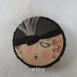 1920s Flapper Face Powder Box , Silk Covered Cardboard and Possibly Hand Painted, Almost Excellent Condition , Budoir