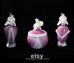 1920s Flapper Vanity Set Trio of Art Deco 20s Divas Perfume Bottles and Powder Jar Fuchsia Pink Robe du Soir Feather Fan Germany
