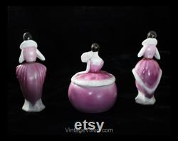 1920s Flapper Vanity Set Trio of Art Deco 20s Divas Perfume Bottles and Powder Jar Fuchsia Pink Robe du Soir Feather Fan Germany