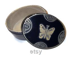 1920s Lucretia Vanderbilt Signed Trinket Box Vintage Powder Box Navy Blue and Silver Butterfly Dresser Box Collectible Footed Vanity Box Gift