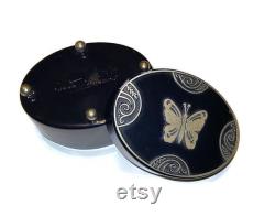1920s Lucretia Vanderbilt Signed Trinket Box Vintage Powder Box Navy Blue and Silver Butterfly Dresser Box Collectible Footed Vanity Box Gift