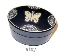 1920s Lucretia Vanderbilt Signed Trinket Box Vintage Powder Box Navy Blue and Silver Butterfly Dresser Box Collectible Footed Vanity Box Gift