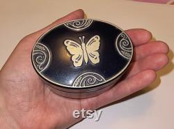 1920s Lucretia Vanderbilt Signed Trinket Box Vintage Powder Box Navy Blue and Silver Butterfly Dresser Box Collectible Footed Vanity Box Gift