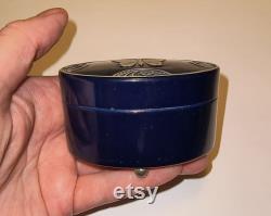 1920s Lucretia Vanderbilt Signed Trinket Box Vintage Powder Box Navy Blue and Silver Butterfly Dresser Box Collectible Footed Vanity Box Gift