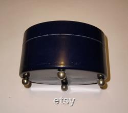 1920s Lucretia Vanderbilt Signed Trinket Box Vintage Powder Box Navy Blue and Silver Butterfly Dresser Box Collectible Footed Vanity Box Gift