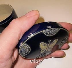 1920s Lucretia Vanderbilt Signed Trinket Box Vintage Powder Box Navy Blue and Silver Butterfly Dresser Box Collectible Footed Vanity Box Gift