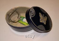 1920s Lucretia Vanderbilt Signed Trinket Box Vintage Powder Box Navy Blue and Silver Butterfly Dresser Box Collectible Footed Vanity Box Gift
