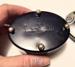 1920s Lucretia Vanderbilt Signed Trinket Box Vintage Powder Box Navy Blue and Silver Butterfly Dresser Box Collectible Footed Vanity Box Gift