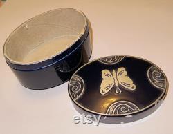 1920s Lucretia Vanderbilt Signed Trinket Box Vintage Powder Box Navy Blue and Silver Butterfly Dresser Box Collectible Footed Vanity Box Gift