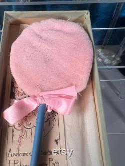 1920s Powder Puff Accessory. Rare carved Flapper Girl on an elongated puff wand. hand painted with original box and marketing insert