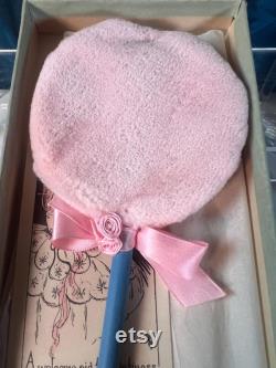 1920s Powder Puff Accessory. Rare carved Flapper Girl on an elongated puff wand. hand painted with original box and marketing insert