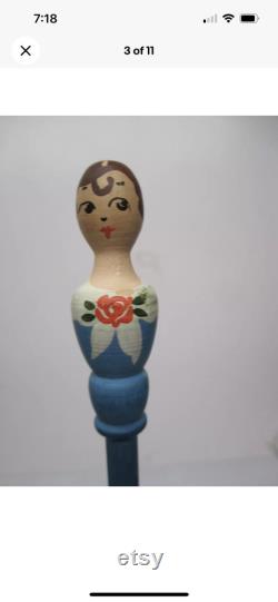 1920s Powder Puff Accessory. Rare carved Flapper Girl on an elongated puff wand. hand painted with original box and marketing insert