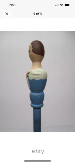 1920s Powder Puff Accessory. Rare carved Flapper Girl on an elongated puff wand. hand painted with original box and marketing insert