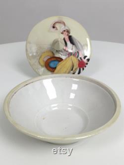 1920s powder bowl ceramic hand painted lady Art Deco antique