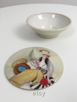 1920s powder bowl ceramic hand painted lady Art Deco antique