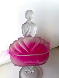 1930 Ballerina Frosted Glass Powder Dish Jar Lady TuTu Vanity Boudoir Vintage Makeup Cosmetics Beauty Collectible w Hot Pink Feather Duster