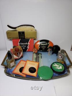 1930's-40's group of 11 vintage perfumes blue waltz, radio girl,max factor face powder brush, tangee nail polish,smooth face powder for men