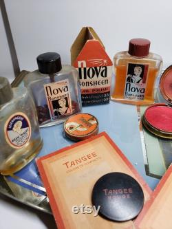 1930's-40's group of 11 vintage perfumes blue waltz, radio girl,max factor face powder brush, tangee nail polish,smooth face powder for men