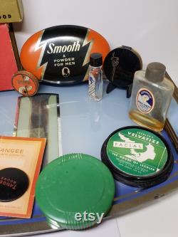 1930's-40's group of 11 vintage perfumes blue waltz, radio girl,max factor face powder brush, tangee nail polish,smooth face powder for men