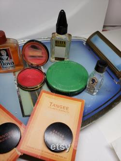 1930's-40's group of 11 vintage perfumes blue waltz, radio girl,max factor face powder brush, tangee nail polish,smooth face powder for men
