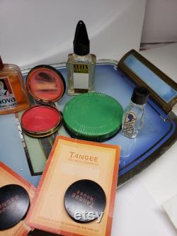 1930's-40's group of 11 vintage perfumes blue waltz, radio girl,max factor face powder brush, tangee nail polish,smooth face powder for men