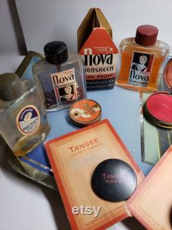1930's-40's group of 11 vintage perfumes blue waltz, radio girl,max factor face powder brush, tangee nail polish,smooth face powder for men