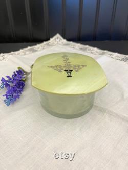 1930's Etched Glass Powder Jar withGreen Celluloid Lid
