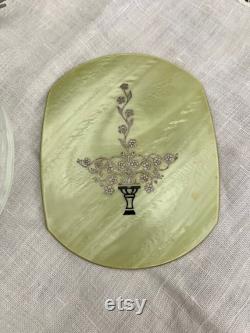 1930's Etched Glass Powder Jar withGreen Celluloid Lid