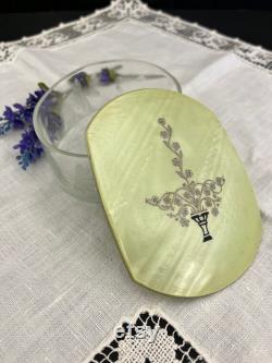 1930's Etched Glass Powder Jar withGreen Celluloid Lid