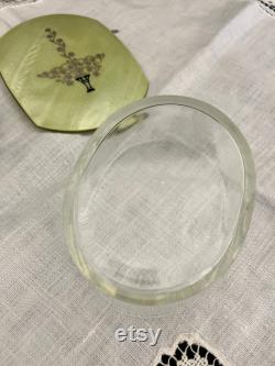 1930's Etched Glass Powder Jar withGreen Celluloid Lid