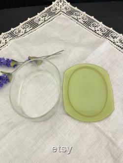 1930's Etched Glass Powder Jar withGreen Celluloid Lid