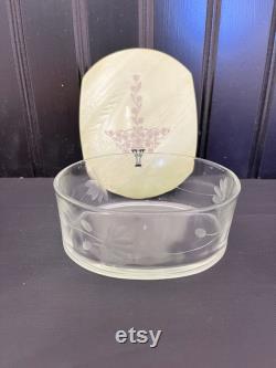 1930's Etched Glass Powder Jar withGreen Celluloid Lid