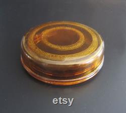 1930s Amber Flat Round Puff Box with Stippled Decoration Deco Depression Glass Powder Jar