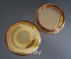 1930s Amber Flat Round Puff Box with Stippled Decoration Deco Depression Glass Powder Jar