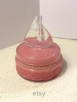 1930s Art Deco Reversed Painted Pink Depression Glass Powder Box with Glass Sailboat Top
