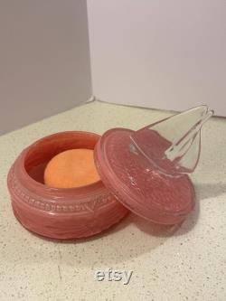 1930s Art Deco Reversed Painted Pink Depression Glass Powder Box with Glass Sailboat Top